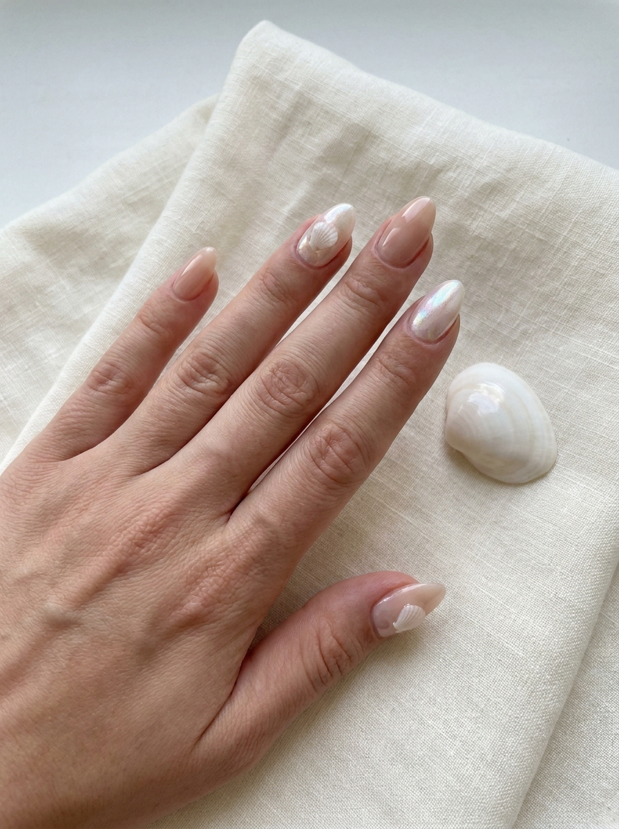 Elegant Shell Accent Nails mit dezentem Muschel-Effekt